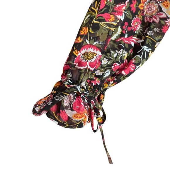 Simply Styled Semi-Sheer Chiffon Dark Floral Boho Top Sz L Ruffled Button Front - Picture 8 of 11